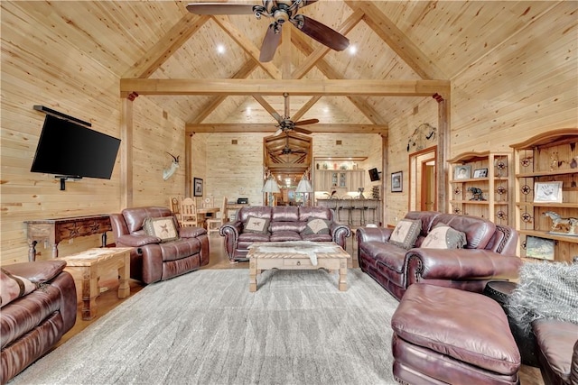 15184 Fm 2620, Bedias, TX 77831 - living area featuring ceiling fan, high vaulted ceiling, a wooden ceiling with exposed beams, and wooden walls