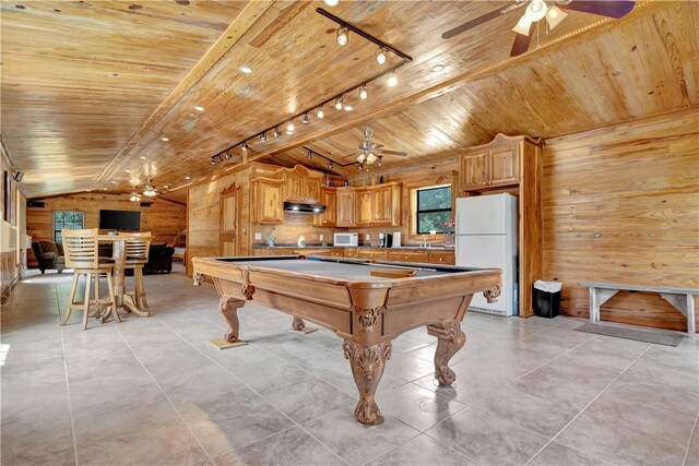15184 Fm 2620, Bedias, TX 77831 - game room featuring wood ceiling, ceiling fan, vaulted ceiling, wood walls, and billiards