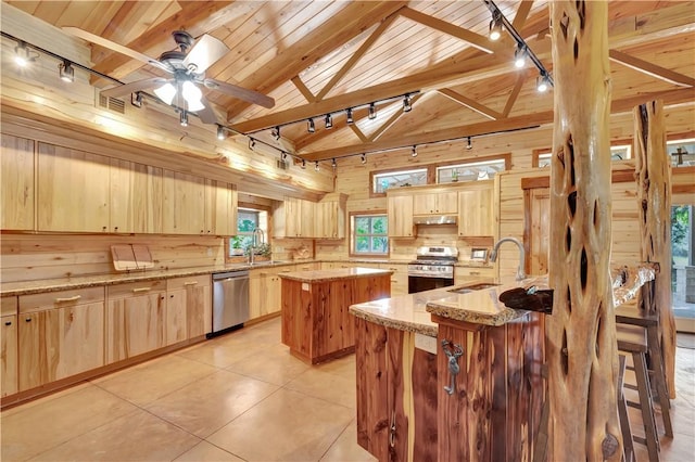 15184 Fm 2620, Bedias, TX 77831 - kitchen with stainless steel appliances, light brown cabinetry, rail lighting, a center island, and wooden ceiling