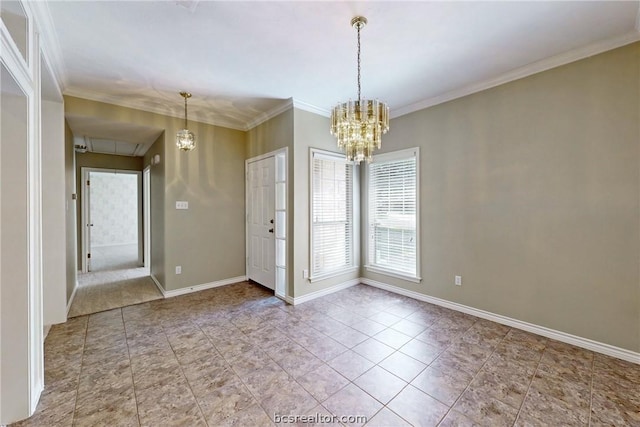 interior space with ornamental molding and a chandelier