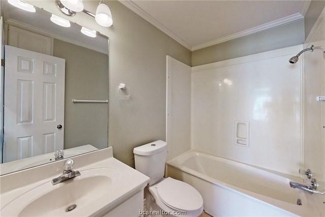 full bathroom featuring shower / bathing tub combination, vanity, toilet, and ornamental molding