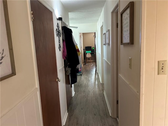 hall featuring a decorative wall, wood finished floors, and wainscoting