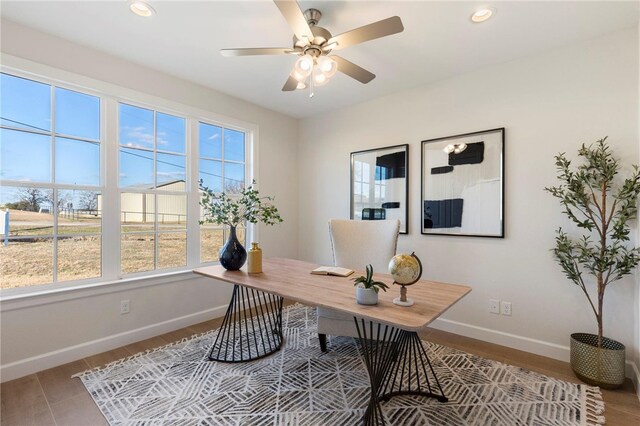 3223 Tamy Ln, Brenham, TX 77833 - office area featuring baseboards, recessed lighting, a ceiling fan, and wood finished floors