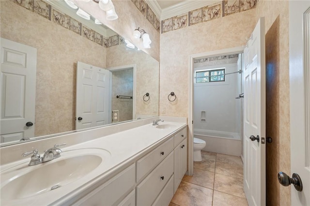 904 Plainfield Ct, College Station, TX 77845 - full bathroom featuring double vanity, toilet, ornamental molding, tile patterned floors, and shower / bathtub combination