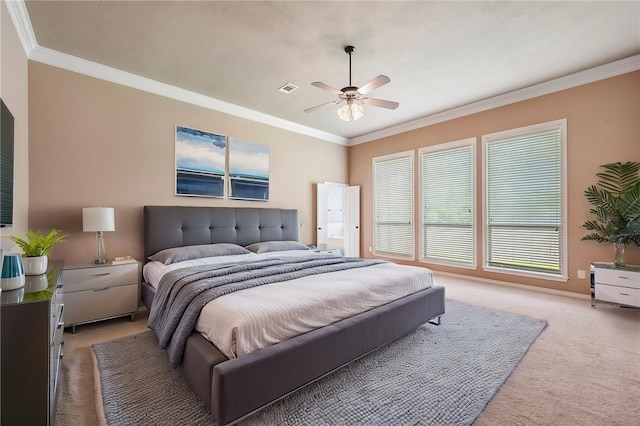 904 Plainfield Ct, College Station, TX 77845 - bedroom with light carpet, ornamental molding, ceiling fan, and baseboards