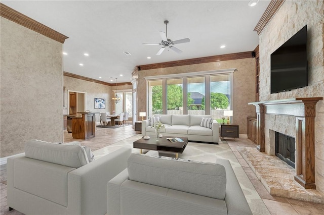 904 Plainfield Ct, College Station, TX 77845 - living area featuring crown molding, ceiling fan, recessed lighting, a fireplace, and light tile patterned floors