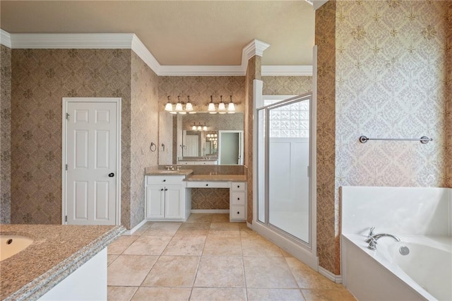 904 Plainfield Ct, College Station, TX 77845 - bathroom featuring vanity, a bath, a stall shower, ornamental molding, and tile patterned flooring