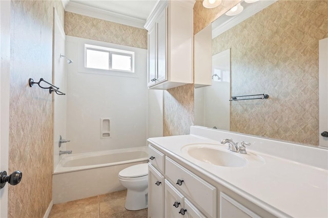 904 Plainfield Ct, College Station, TX 77845 - full bathroom with toilet, vanity, tub / shower combination, tile patterned flooring, and ornamental molding