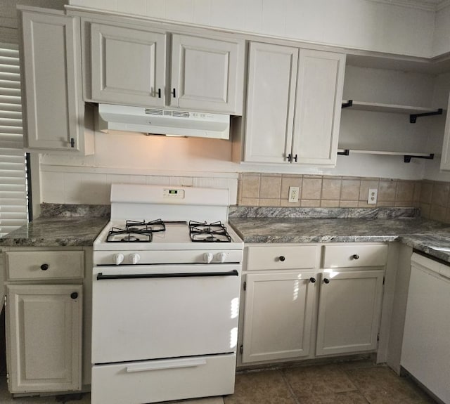 kitchen featuring backsplash, white cabinetry, and white appliances