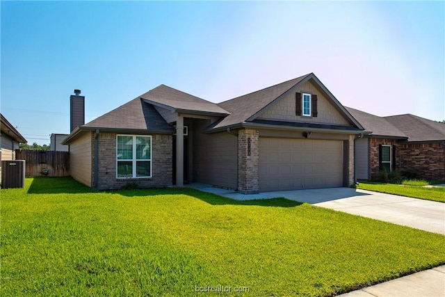 view of front of property with cooling unit, a front yard, and a garage