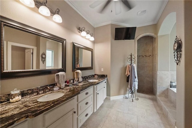 bathroom with vanity, tile patterned flooring, ceiling fan, ornamental molding, and independent shower and bath