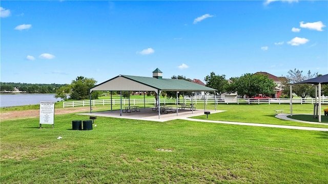 surrounding community featuring a lawn and a water view