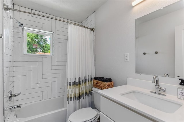 full bathroom with toilet, vanity, and shower / bathtub combination with curtain