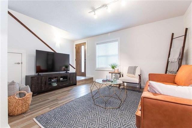 living room with light wood-type flooring and rail lighting