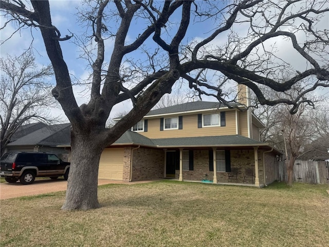 view of front of home featuring an attached garage, covered porch, fence, a front lawn, and brick siding