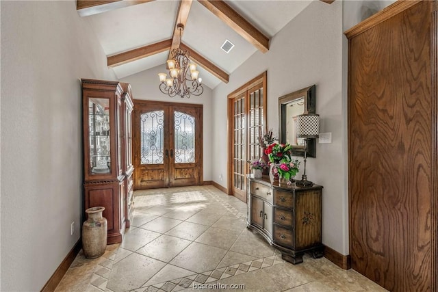 foyer entrance featuring french doors, high vaulted ceiling, a notable chandelier, beamed ceiling, and light tile patterned flooring