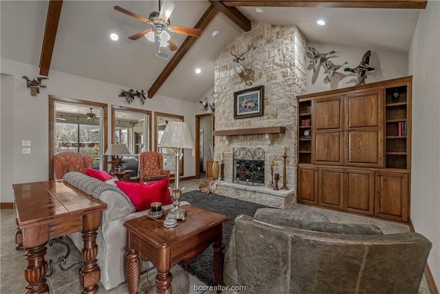 living room featuring high vaulted ceiling, a stone fireplace, ceiling fan, beam ceiling, and light colored carpet