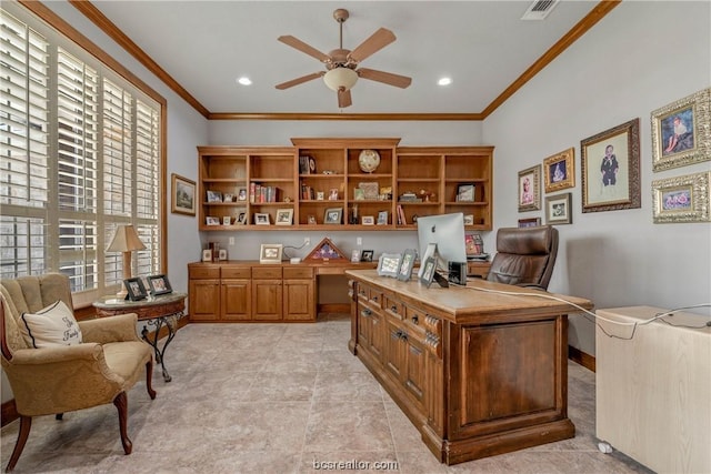 home office with ceiling fan, a healthy amount of sunlight, ornamental molding, and light tile patterned floors