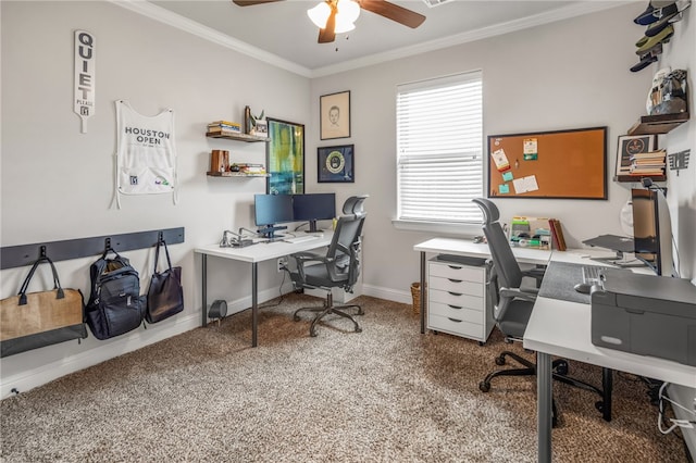 office area with carpet, crown molding, and ceiling fan