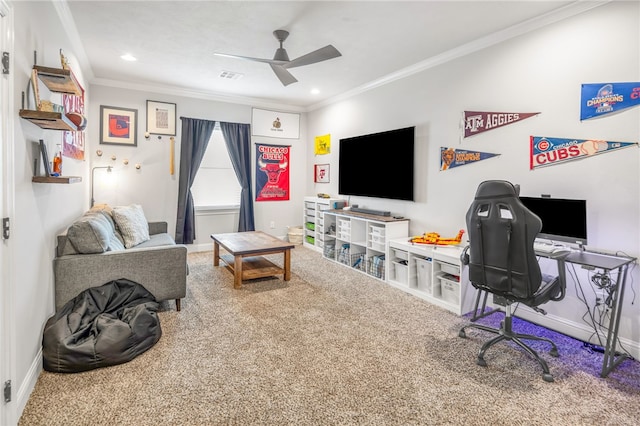 living room featuring carpet floors, crown molding, and ceiling fan