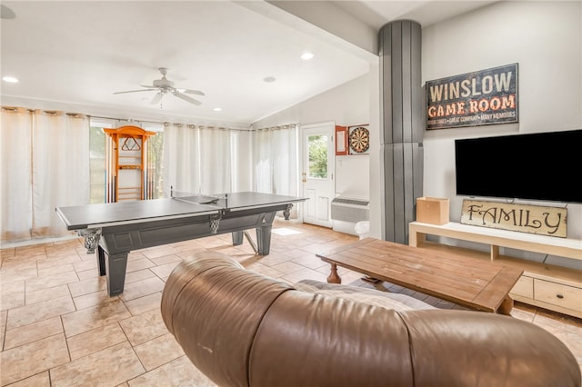 recreation room featuring lofted ceiling, light tile patterned floors, a ceiling fan, and recessed lighting
