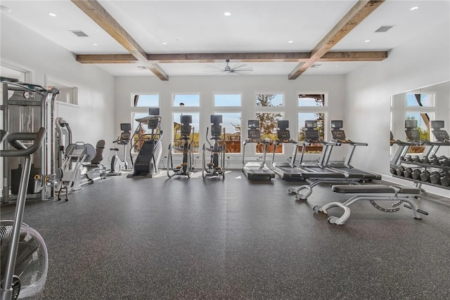 workout area featuring ceiling fan and coffered ceiling