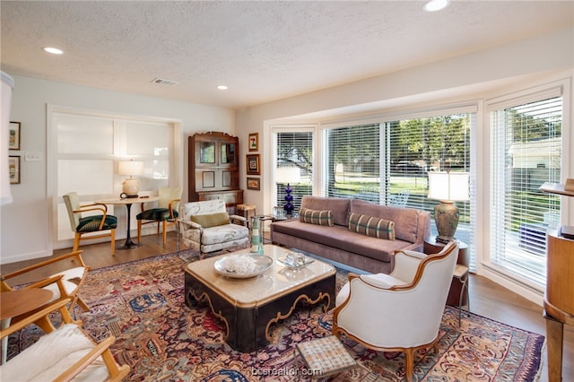 living room featuring a textured ceiling