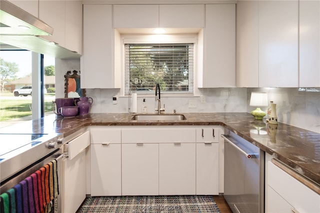 kitchen featuring dark stone countertops, sink, stainless steel dishwasher, and white cabinets