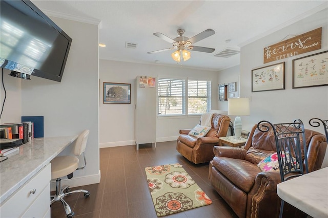 office with ornamental molding and ceiling fan