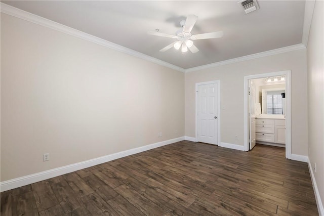 801 Luther St W Unit 307, College Station, TX 77840 - unfurnished bedroom with ornamental molding, dark wood-type flooring, baseboards, ensuite bathroom, and a ceiling fan
