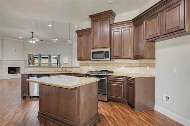 1208 Robinsville Ct, College Station, TX 77845 - kitchen featuring appliances with stainless steel finishes, a peninsula, a ceiling fan, dark wood-style flooring, and backsplash