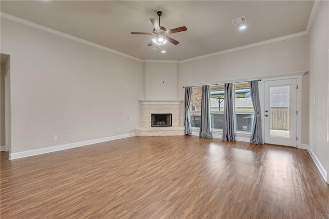 1208 Robinsville Ct, College Station, TX 77845 - unfurnished living room with a ceiling fan, wood finished floors, baseboards, a fireplace, and ornamental molding