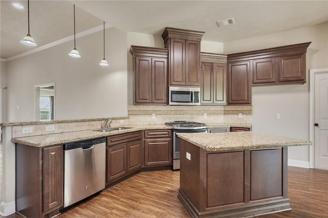 1208 Robinsville Ct, College Station, TX 77845 - kitchen featuring stainless steel appliances, a sink, a peninsula, dark wood-style flooring, and decorative backsplash