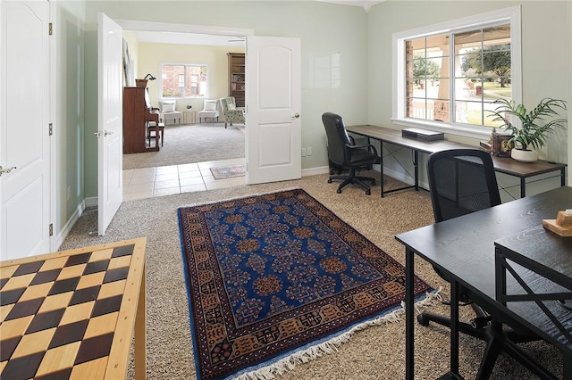 home office with light carpet