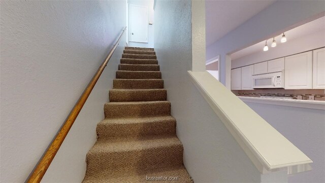 stairway with a textured wall