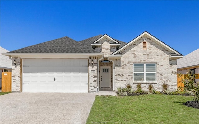 view of front of property with a front lawn and a garage