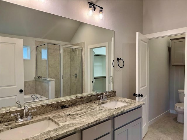 full bathroom featuring tile patterned flooring, vanity, toilet, and shower with separate bathtub