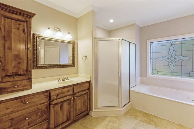 bathroom featuring vanity, crown molding, tile patterned flooring, and plus walk in shower