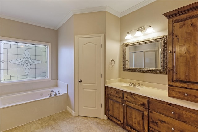 bathroom featuring tile patterned flooring, vanity, shower with separate bathtub, and ornamental molding