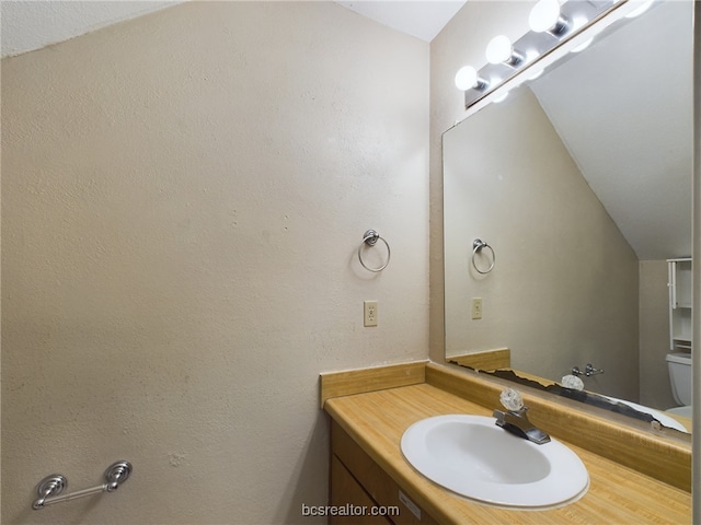 bathroom with vanity, vaulted ceiling, and toilet