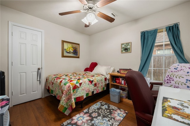 934 Dove Landing Ave, College Station, TX 77845 - bedroom with visible vents, a ceiling fan, and wood finished floors