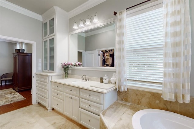 bathroom with crown molding, vanity, and a bathtub