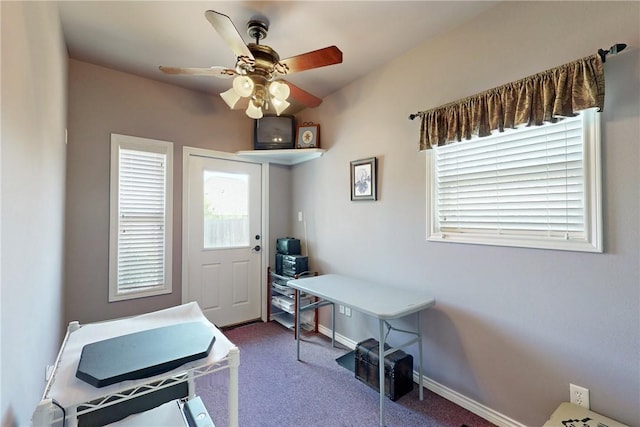 office area with ceiling fan and carpet flooring