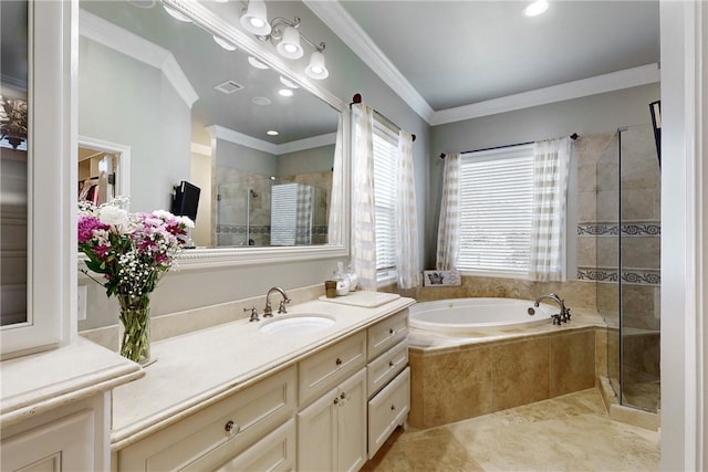 bathroom with independent shower and bath, ornamental molding, tile patterned flooring, and vanity