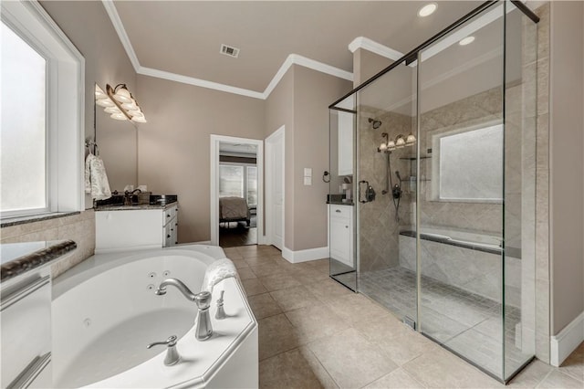 bathroom featuring separate shower and tub, crown molding, tile patterned flooring, and vanity