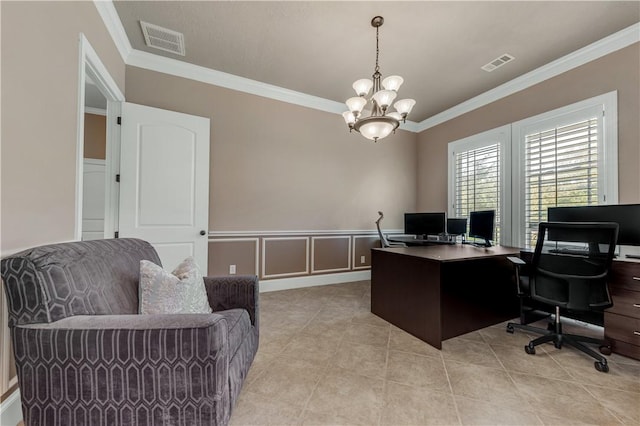 tiled office space with ornamental molding and a notable chandelier