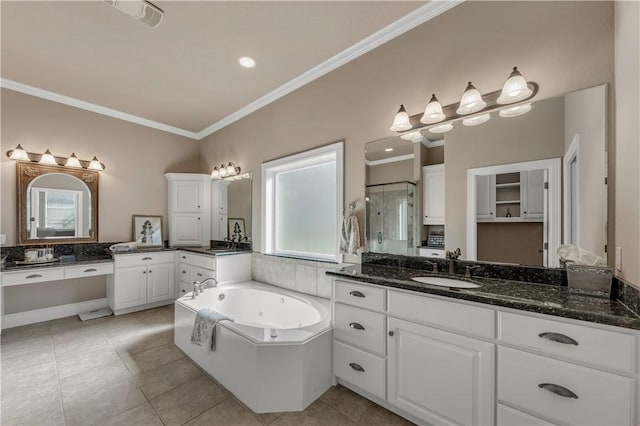 bathroom featuring shower with separate bathtub, vanity, tile patterned floors, and ornamental molding