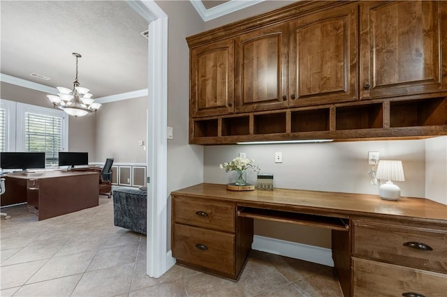 tiled home office with a notable chandelier and ornamental molding