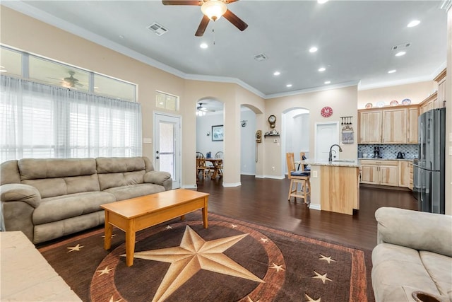 living room with ceiling fan, ornamental molding, dark hardwood / wood-style floors, and sink