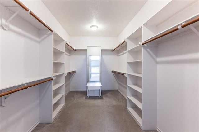 spacious closet with dark colored carpet